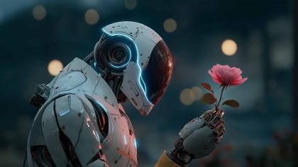 科技机器人持玫瑰 浪漫科幻商用素材