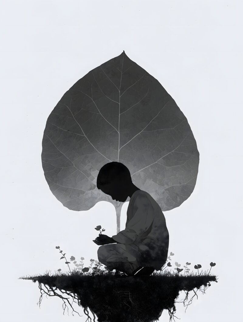 画面描述：婴儿式剪影跪坐额头贴地如胎儿，内部种子发芽根须下延嫩芽上卷。巨叶从地面长出覆盖上方。每次蜷缩为下一次生长。
