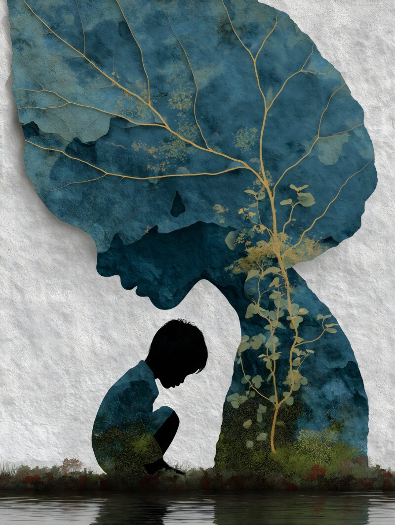 画面描述：婴儿式剪影跪坐额头贴地如胎儿，内部种子发芽根须下延嫩芽上卷。巨叶从地面长出覆盖上方。每次蜷缩为下一次生长。