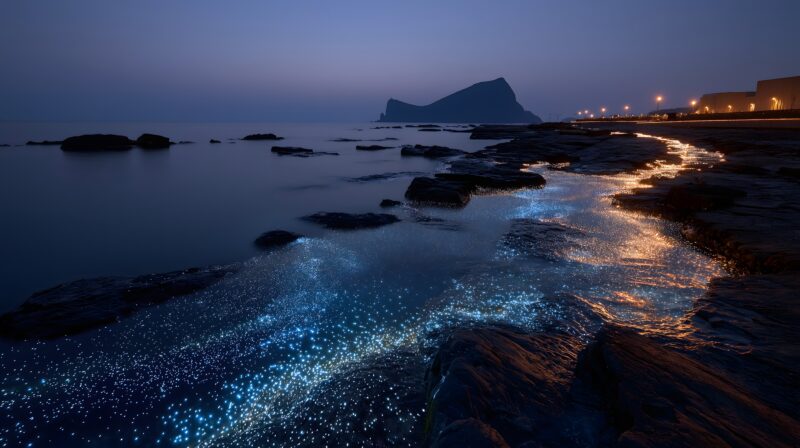 画面描述：融合韩国济州岛自然地貌与全球环保愿景，山海之间光影长桥联结人与生态。万千微光汇聚全球守护者力量，诠释终结塑料污染、共建蓝色星球的全球共识。