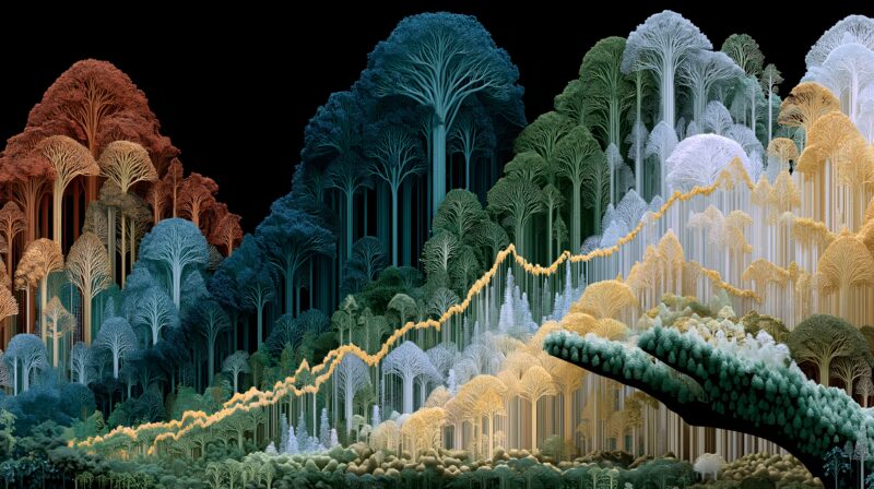 画面描述：光影账本具象碳循环平衡，清晰呈现碳排放负债与碳吸收资产的动态变化。人类执笔书写生态未来，诠释低碳发展、修复生态的新时代人文责任。