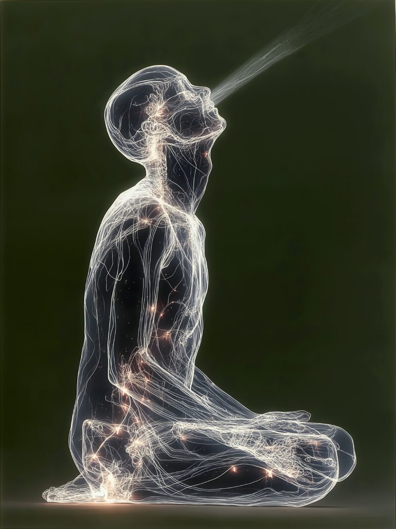 画面描述：冥想坐姿剪影，两道银色气流从鼻孔进出沿脊柱形成完整光回路。吸气入丹田，呼气出鼻孔。呼吸是瑜伽最深的练习，每一息即一生。