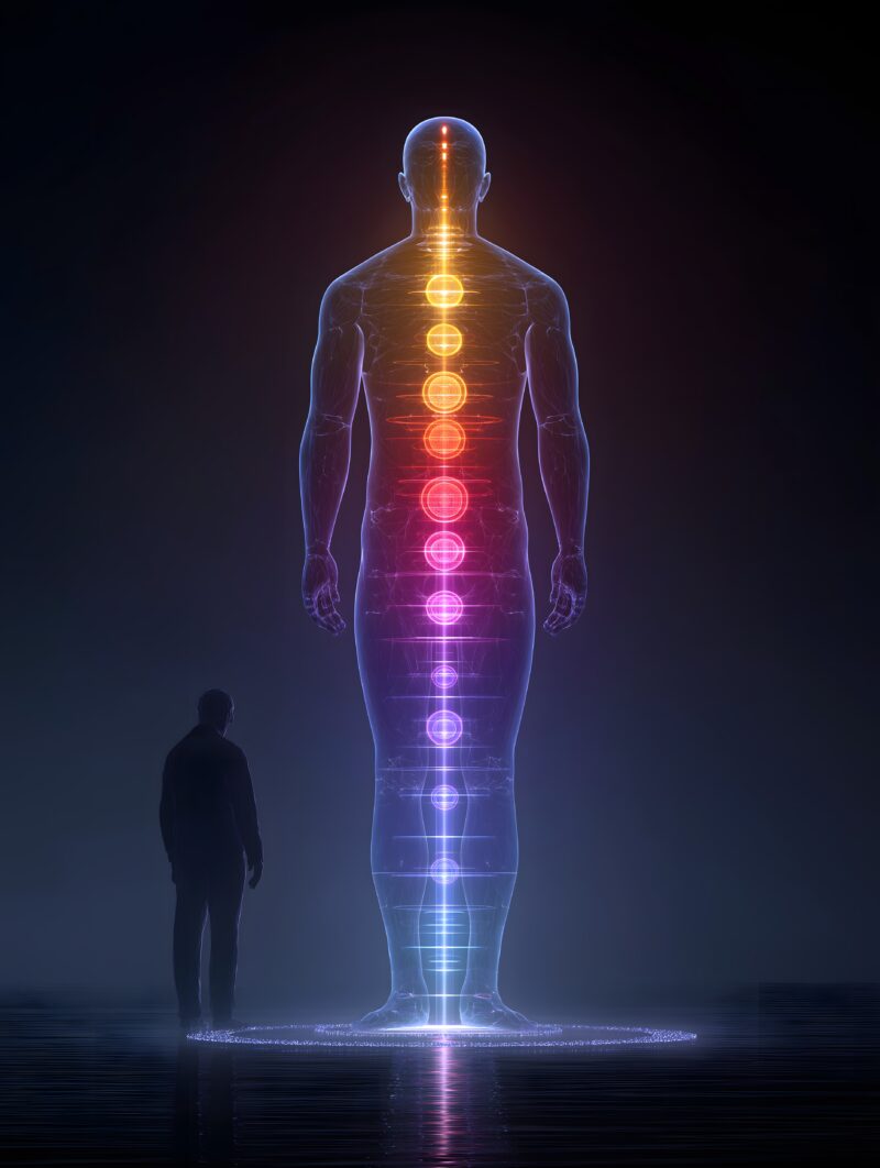 画面描述：站立剪影，七色光碟从尾骨到头顶沿脊柱排列。每轮向外放射光线形成椭圆形光晕，螺旋光流连接各轮。能量从海底轮升至顶轮，完成觉醒。