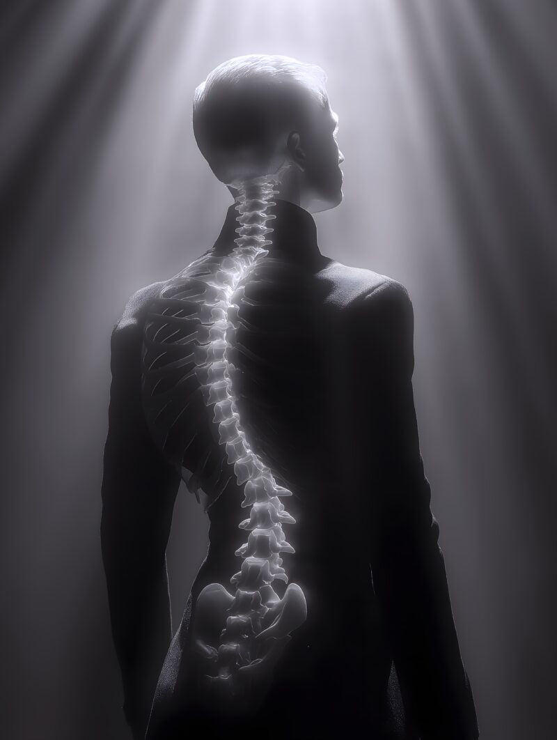 画面描述：背部剪影站中央，光束从背后照来沿脊柱形成纵向光脊，每节椎骨在光中显现。光不在前方在身后，这个人正把光背在身上。