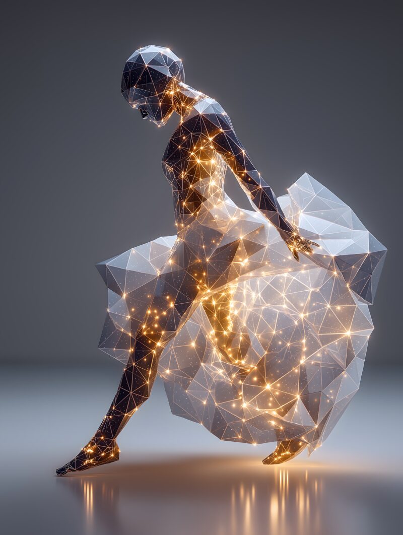 画面描述：弯腰人形剪影脊背上压着发光几何多面体从背部向上生长发出暖白光，姿势不是被压垮而是正在适应这份重量。光是有重量的。