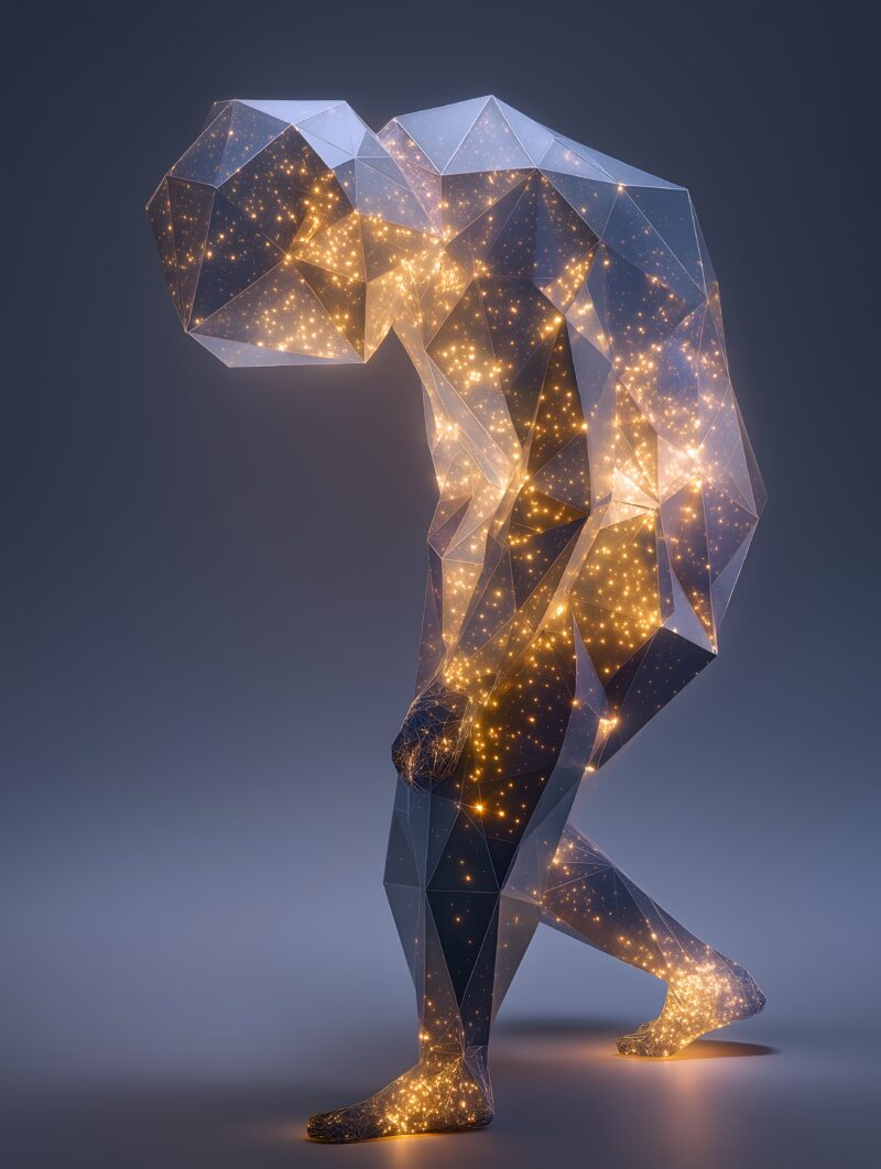 画面描述：弯腰人形剪影脊背上压着发光几何多面体从背部向上生长发出暖白光，姿势不是被压垮而是正在适应这份重量。光是有重量的。