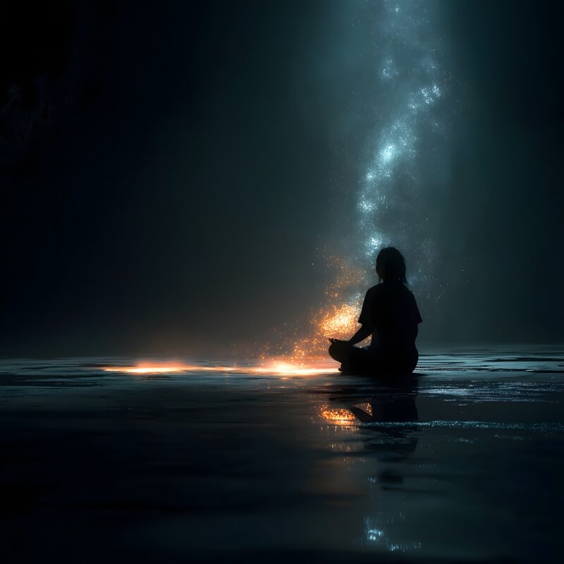 画面描述：冥想坐姿剪影内部为空，黑暗中有星光亮起如宇宙起点。轮廓极淡光晕向外扩散融合背景。空不是虚无而是无限可能，瑜伽的终极境界。