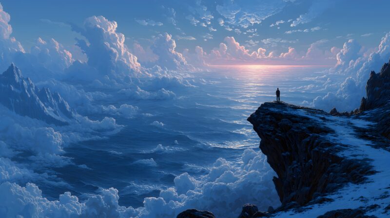 画面描述：瑜伽士剪影站悬崖边面向海洋，左雪山右云海脚下岩壁。双手合十，心轮三光束射向雪山（稳定）、海洋（流动）、天空（空）。任何环境中保持平衡。