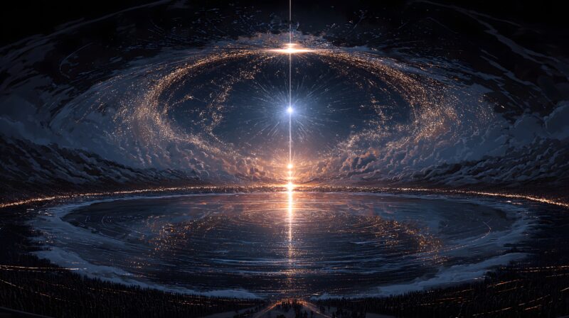 画面描述：上192个光点汇聚成星，下35985人形剪影排成同心圆如盛开之花。光柱上下连接。数字是35985个呼吸的同频。