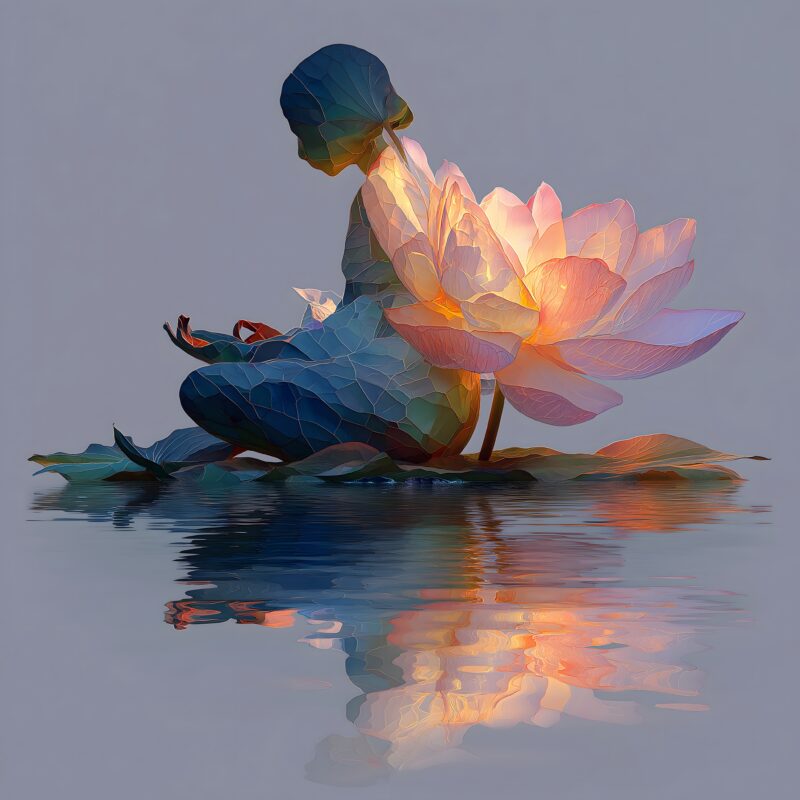 画面描述：全莲花坐剪影，巨莲从骨盆生长穿体绽放。花瓣半透明内含金光，坐于水面倒映莲影。身体为莲花容器，冥想之王。
