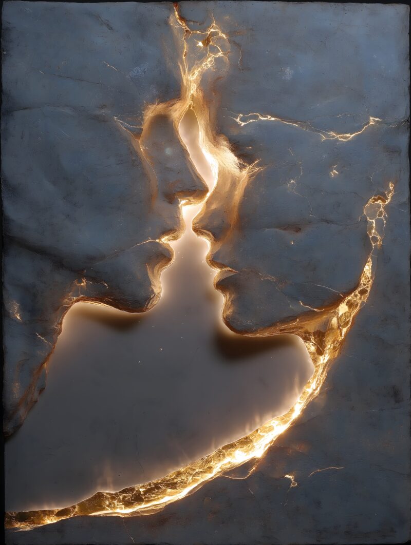 画面描述：纯白背景两个人形剪影冻结在吻的中间时刻，边缘细微光晕，嘴唇接触处金色光点悬浮。中间暂停不是中断，是吻抵达了它自己。