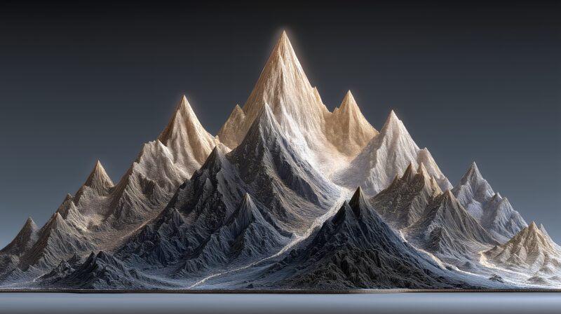 画面描述：银锥角纹以山峰形态一字排开，从大到小如群山连绵。锥尖银珠为峰顶，极细银丝连接如山脉脊线。锥角角度各不相同。背景深褐到浅灰渐变如从山脚仰望。