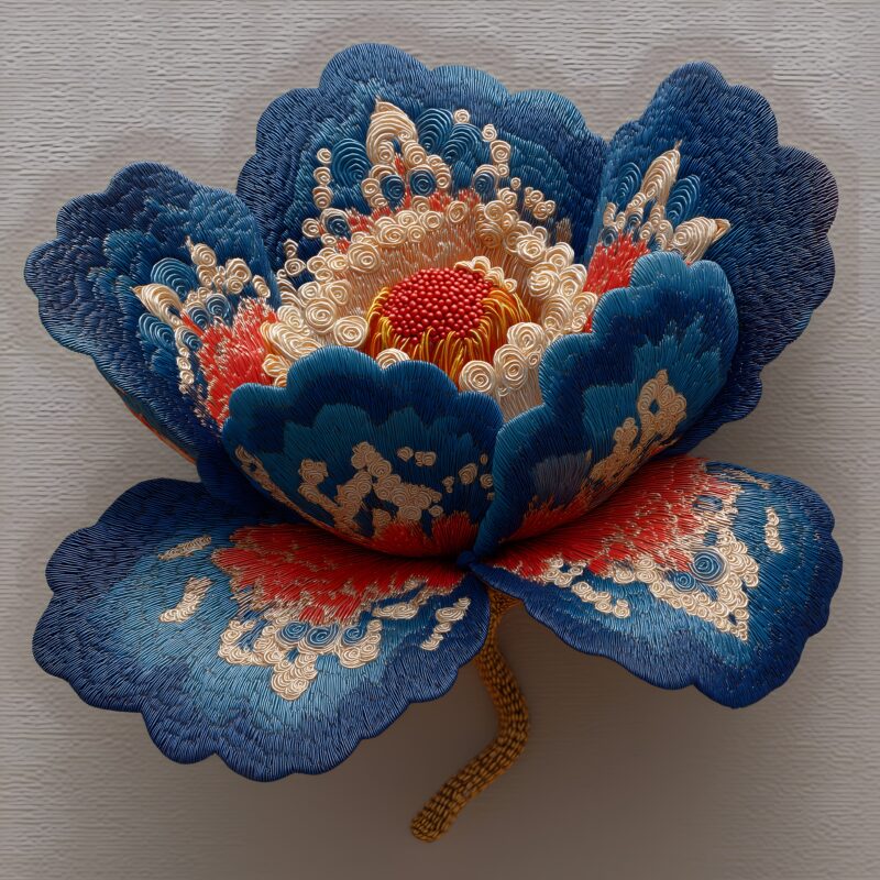 画面描述：苗绣花卉图案，巨花由银线盘绕而成，花蕊红珊瑚珠。蓝丝线绣蝶与花瓣重叠，形成花中有蝶、蝶中有花的共生构图。丝线凸起如低浮雕。