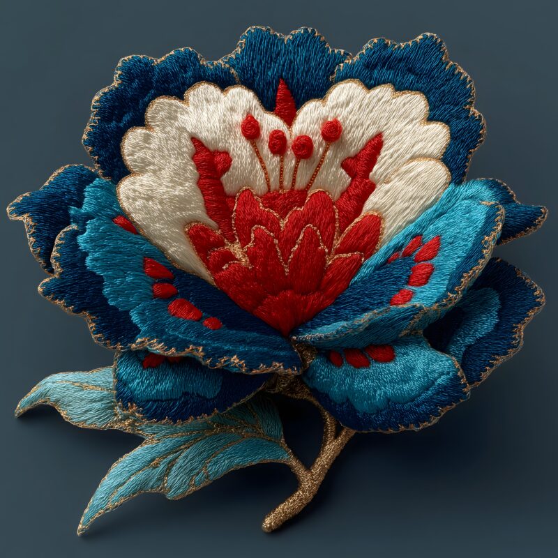 画面描述：苗绣花卉图案，巨花由银线盘绕而成，花蕊红珊瑚珠。蓝丝线绣蝶与花瓣重叠，形成花中有蝶、蝶中有花的共生构图。丝线凸起如低浮雕。