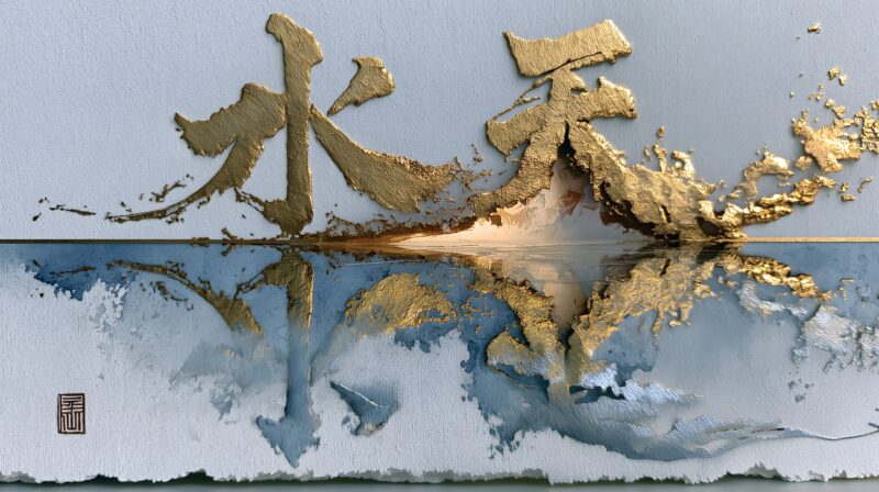 画面解读：纯黑极简画面，纤细金线勾勒象形 “水” 字，字符内部容纳暗蓝虚空，笔画拐点浮动银白光点。以一字为星系，诠释水族水书文字承载的上古宇宙图腾信仰。