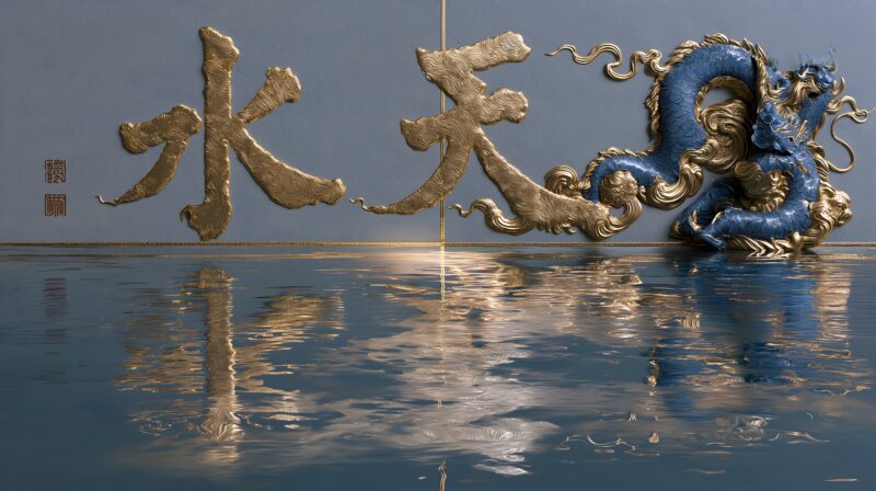 画面解读：纯黑极简画面，纤细金线勾勒象形 “水” 字，字符内部容纳暗蓝虚空，笔画拐点浮动银白光点。以一字为星系，诠释水族水书文字承载的上古宇宙图腾信仰。