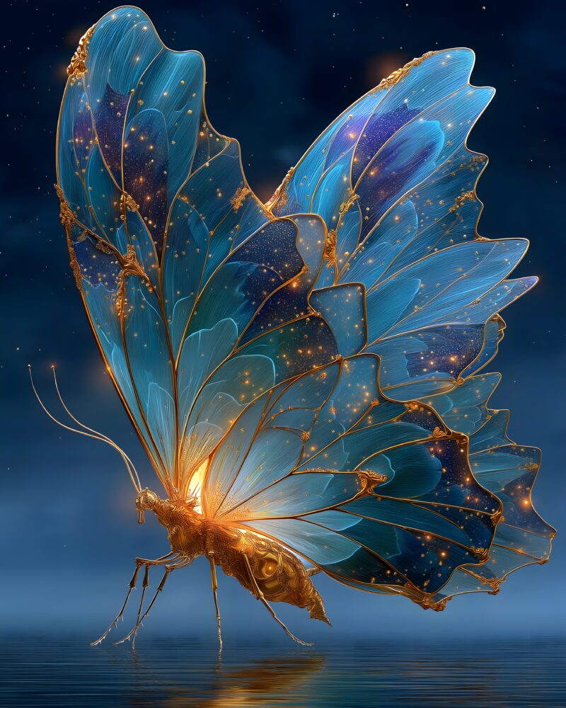 画面描述：半透明巨蝶悬浮深蓝夜空，金绿流光翅脉如江河蜿蜒。翅尖飘落光粒化为山川森林飞鸟。蝴蝶妈妈生万物，传达创世神话内核。