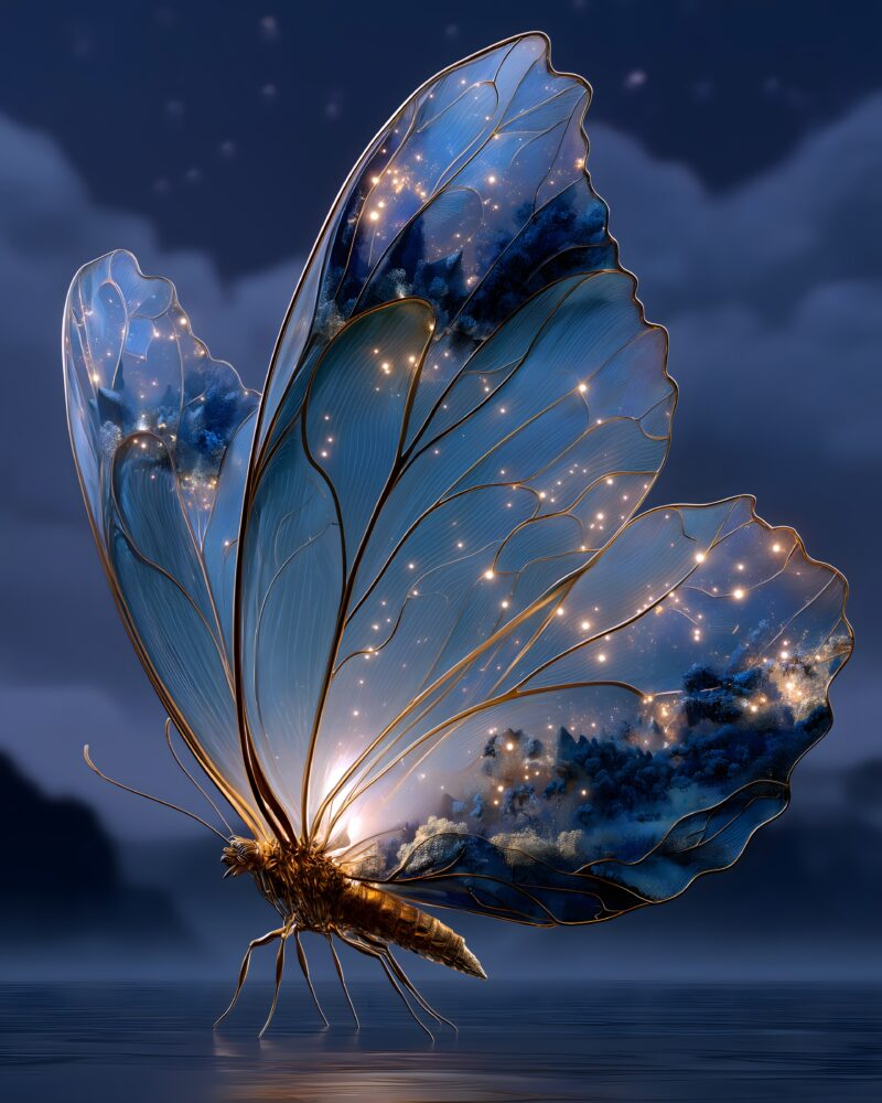 画面描述：半透明巨蝶悬浮深蓝夜空，金绿流光翅脉如江河蜿蜒。翅尖飘落光粒化为山川森林飞鸟。蝴蝶妈妈生万物，传达创世神话内核。
