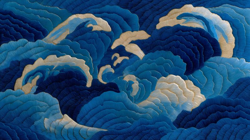 画面描述：中央大漩涡“涡共”代表祖宗，周围五个小漩涡“涡蹦”代表同宗兄弟。图案置于袖上让人一眼认出同宗共祖。六涡纹如星座排列。