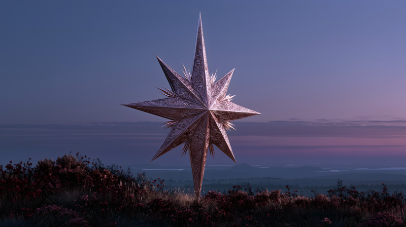 画面描述：异常明亮的八芒星从拂晓天空降临，金色光带延伸玫瑰花环与狮子图案，光芒所到沙漠绽放红花。温柔而强大的女神降临。