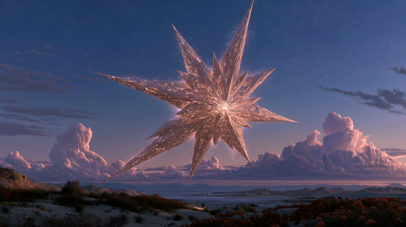 画面描述：异常明亮的八芒星从拂晓天空降临，金色光带延伸玫瑰花环与狮子图案，光芒所到沙漠绽放红花。温柔而强大的女神降临。