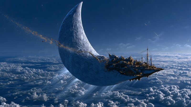 画面解读：巨大银色新月舟在深蓝夜空中航行，舟身带波浪纹路，星航迹形成牛群轮廓，云层如海浪，月光穿透云隙洒向大地，氛围静谧神圣。