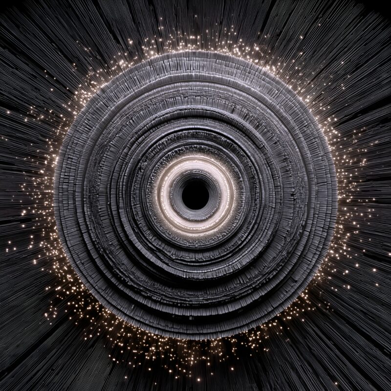 画面描述：深色背景无数涡纹同心圆排列如星系，大小不同线条密度各异。光线从中心向外放射使涡纹银白闪烁。涡纹是布依族对宇宙的理解，水是生命原点。