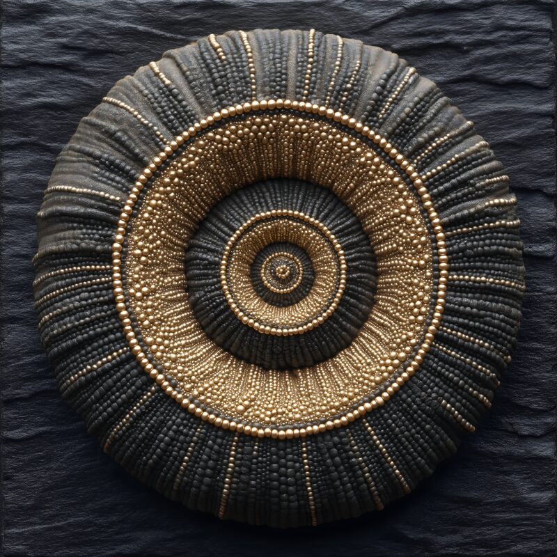 画面解读：深色丝绒基底，巨型银珠点螺旋由中心向外延展，起点金珠渐变银白，圈层动态扩张收缩，螺旋是布依先民解读宇宙生命循环的符号。