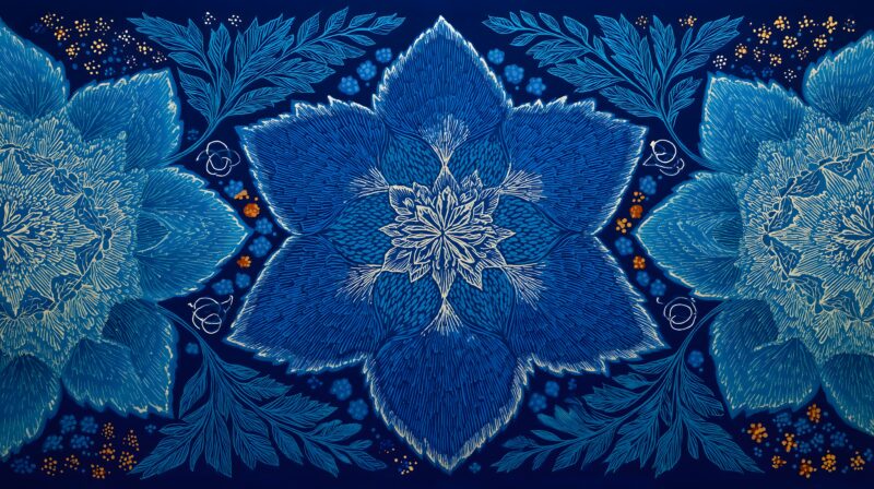画面描述：完整蜡染布展开，深蓝底色布满白色几何纹样——涡纹菱形锯齿交织。结构规整连续对称，顶光使蓝白形成强烈视觉交响。