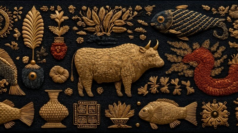 画面描述：花帕“万私”局部，牛羊鱼龙抽象图案以金银丝线绣于深色背景发光。每种动物是符号，每个符号是祝福。万私象征万贯金银。