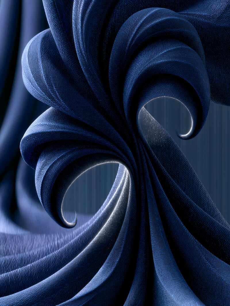 画面解读：水平线分割画幅，下半层深蓝织物，上半层银白虚空，纤细银线自布面向上生长，末端分出三支细岔。以蓝代表大地、银代表长空，构筑极简天地对话构图。
