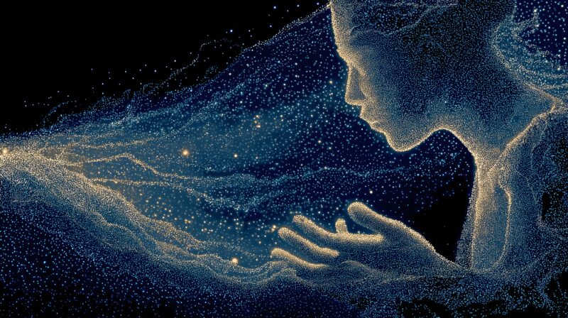 画面解读：深空背景亿万星点聚合布依人形轮廓，胸腔脉动高亮星核，星轨缓慢环绕，以星空隐喻布依完整文化体系。