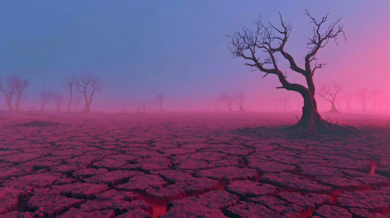 画面描述：干裂大地延伸至地平线，纵横龟裂将大地分割成多边形碎块，裂缝深不见底透出地心暗红光芒。枯树裸出扭曲根须如痛苦手臂，铅灰天空尘柱移动。大地哀悼愤怒。
