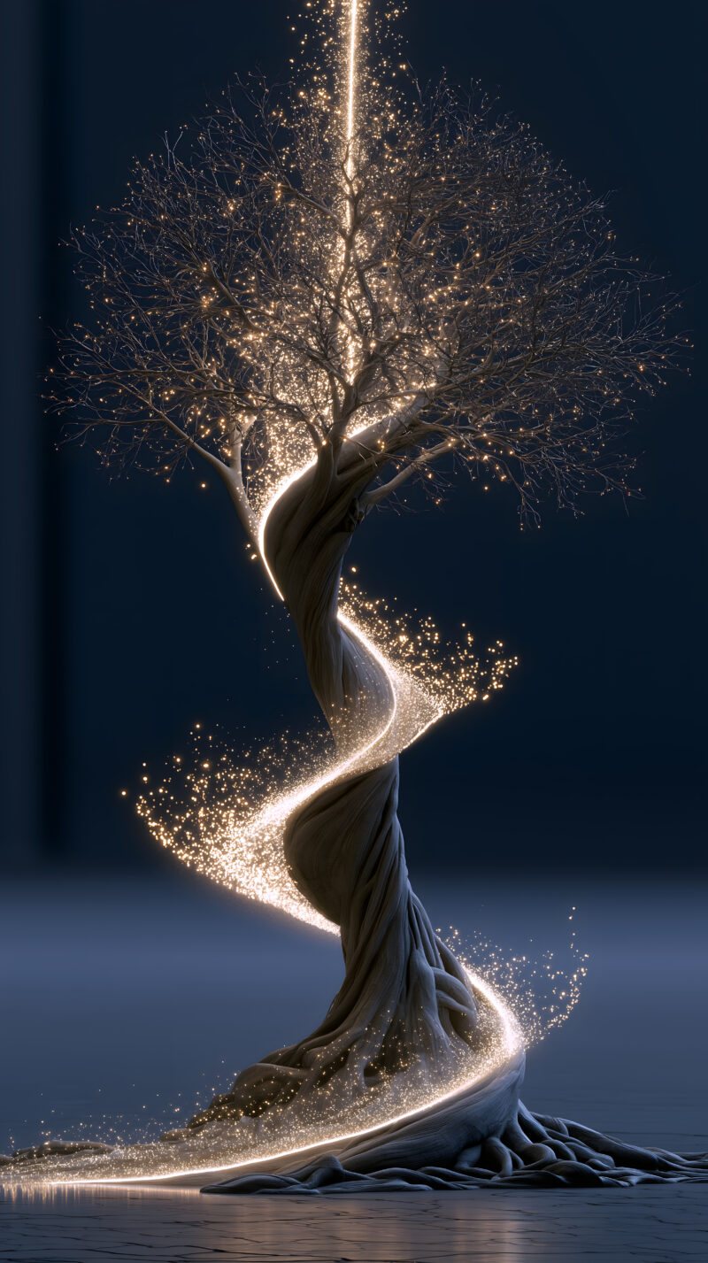 画面描述:世界树形态的螺旋光柱自画面底部直冲顶端,树冠与树根首尾相接形成闭环结构。金色光粒从树冠向下流淌穿过树干,再由树根重新回流至树冠。九个光点沿着螺旋轨道持续循环移动,象征北欧神话九界的轮转不息。全部为抽象光效,无写实树木,构图纵向延伸,充满循环往复的哲思意境。