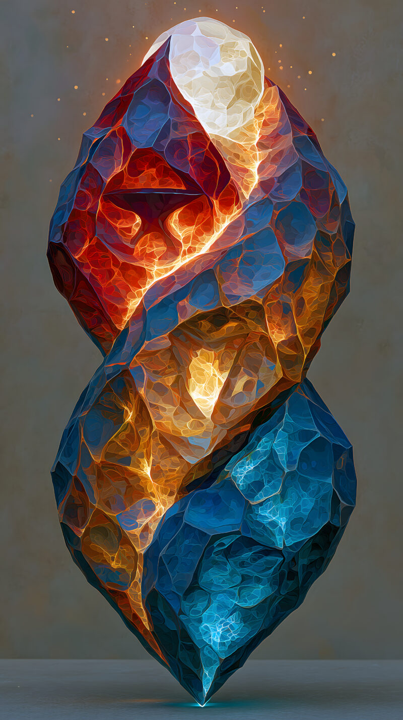 画面描述:三束火焰光体彼此交织向上升腾,红色代表锻造、金色代表诗歌、蓝色代表治愈,火焰内部分别浮现铁砧、竖琴、泉水的符号光形。三道火焰于画面顶端汇聚,凝结成一团耀眼洁白光球。整体画面以抽象光效呈现,没有人物形象,光影温暖圣洁,诠释凯尔特三重女神的丰饶与多重力量。色彩层次丰富,氛围感神圣柔和。