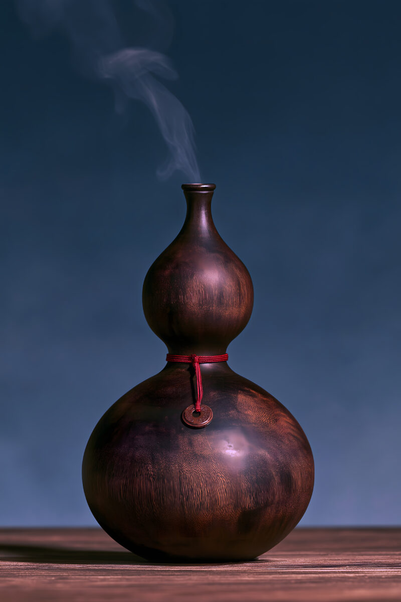 画面内容：居中构图。一株灵芝（或抽象形态的仙草）在画面中央的岩石上生长，占画面 40%。灵芝呈赤褐色，菌盖边缘有金黄色的光晕，菌盖表面有类似云纹的天然纹理。灵芝下方是一块深灰色的粗糙岩石，岩石上有湿润的苔藓。背景为深绿色到黑色的渐变，如密林深处。