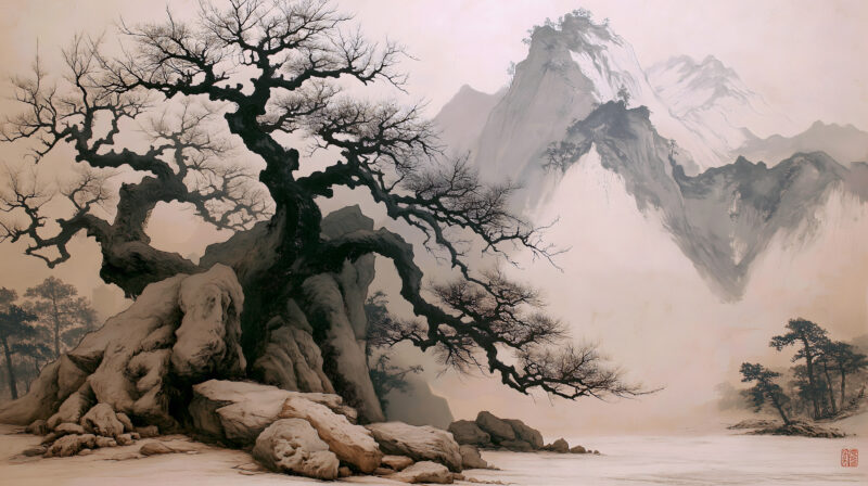 画面描述：一株老树剪影占据画面左侧，树枝光秃扭曲，形态苍劲。右侧为大片空白，仅以极淡墨色渲染远山层次，树根处散落几块石头。画面整体空旷，无飞鸟、无人迹，色调从墨黑过渡到淡灰，以老树、空山、留白营造清寂、空寂、荒寒的东方意境。