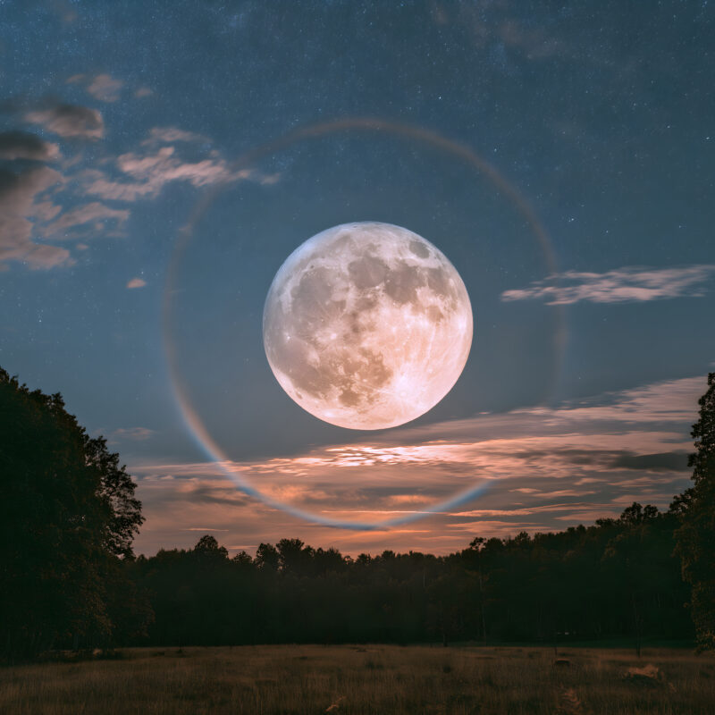 画面描述：夜空一轮皎洁满月，外围环绕巨大完整月晕，光环由无数规则六边形高空冰晶堆叠而成，折射出柔和绚烂的彩虹色散光。还原真实大气光学奇观，纯净震撼的自然望月史诗画面。