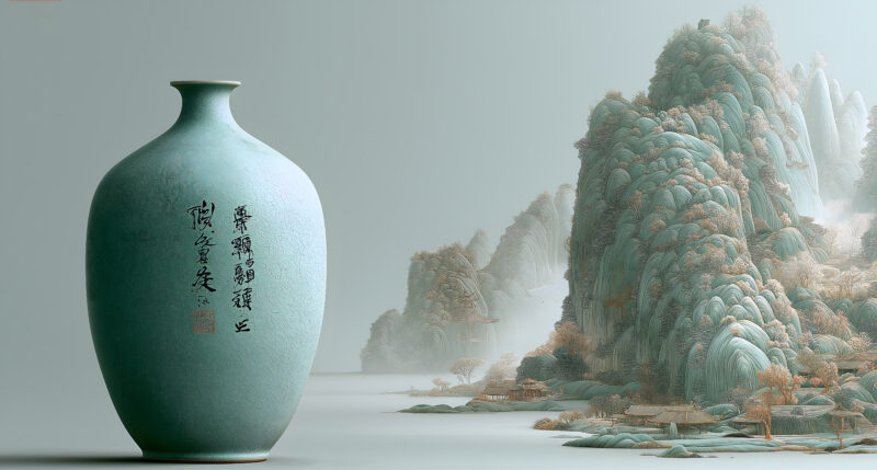画面描述：悬浮的青瓷瓶与远处水墨遥遥相对，器物釉色和远山青色调自然统一，形成宋瓷与山水同源的视觉隐喻。画面大量留白，空间中带有柔和雾气，使瓷瓶与远山在虚实之间建立呼应。整体安静空灵，以器物、山水、留白表达宋代美学的统一气质。