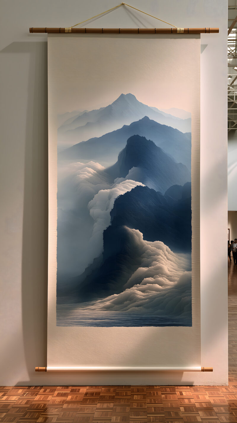 画面描述：竹木卷轴悬挂于素白墙面，画卷之上绘极简远山孤鸟，画面留有大片留白。淡黄色绳结束住画轴，柔和光线投射，将画的淡影轻轻印在墙面。整体意境空灵悠远，还原宋代文人居室挂画的清雅氛围感，简约温润，充满东方留白哲思。