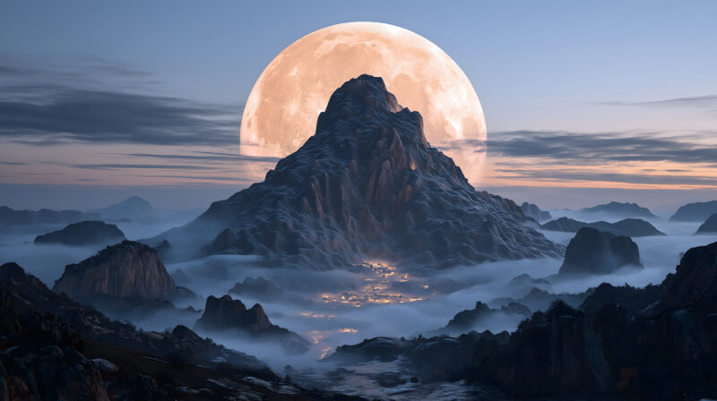 画面描述：概念艺术，山水画意境以现代材质表现。一座险峻黑色山峰耸立，山峰轮廓并非岩石，而是由无数细小向上飘升的灰色尘埃组成。尘埃之巅悬浮一颗璀璨明珠，象征月亮，照亮尘埃上升轨迹。画面营造 “山月入怀” 的玄幻感，空灵而神秘。