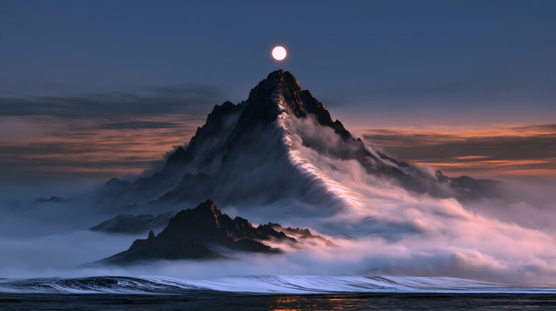 画面描述：概念艺术，山水画意境以现代材质表现。一座险峻黑色山峰耸立，山峰轮廓并非岩石，而是由无数细小向上飘升的灰色尘埃组成。尘埃之巅悬浮一颗璀璨明珠，象征月亮，照亮尘埃上升轨迹。画面营造 “山月入怀” 的玄幻感，空灵而神秘。